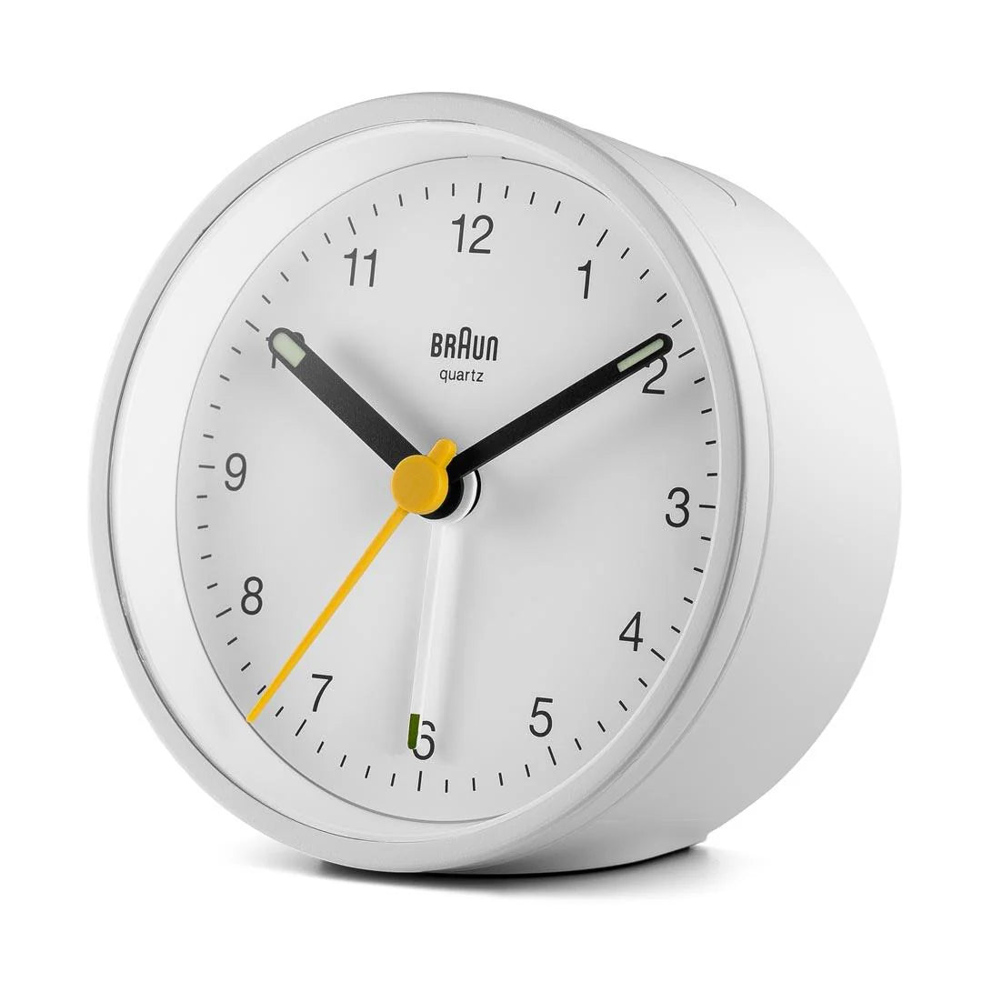 Braun BC12 Analogue Alarm Clock – Iconic Yellow Hand & Quiet Quartz (White)