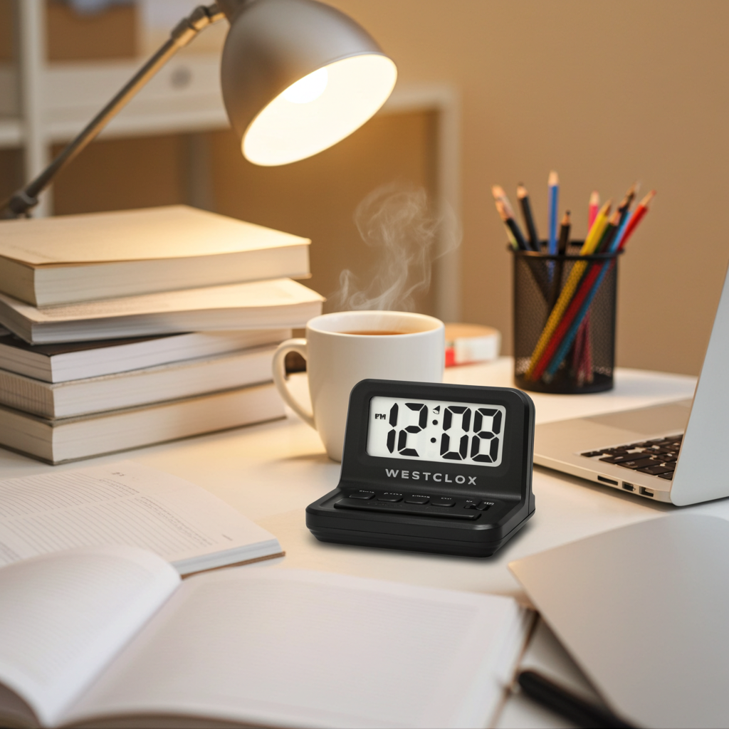 Westclox LCD Alarm Clock, 0.9" Bold Digits, White Backlight, Large Snooze, Black