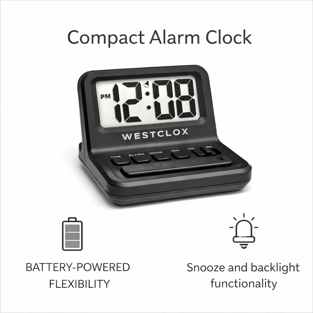 Westclox LCD Alarm Clock, 0.9" Bold Digits, White Backlight, Large Snooze, Black