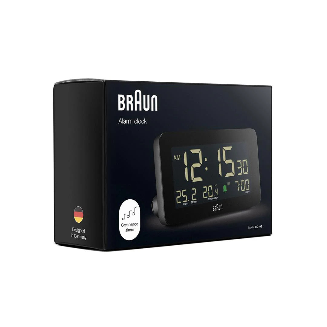 Braun BC10 Digital Alarm Clock – Auto Backlight & Temperature Display (Black)