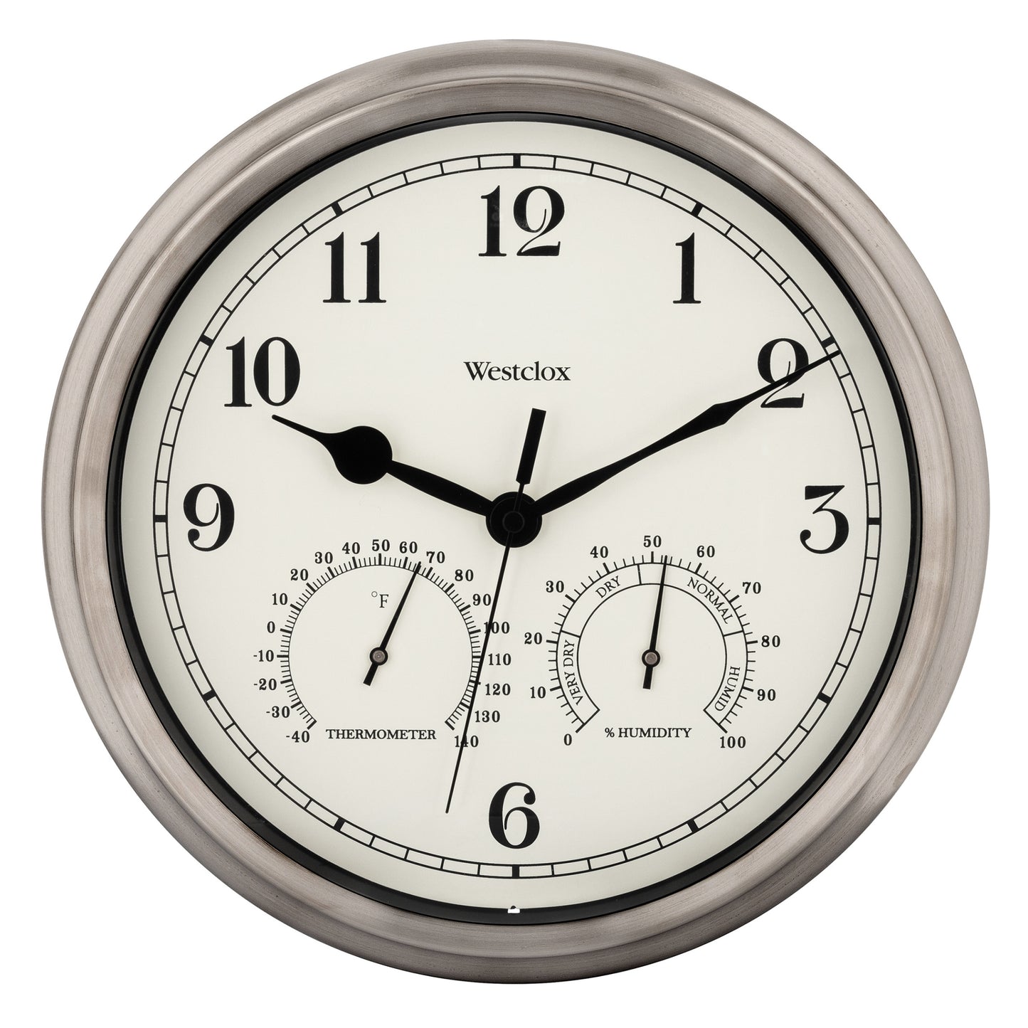 Westclox 12" Indoor/Outdoor Wall Clock, Temp/Humidity, Nickel, Weather-Resistant, Glass Lens
