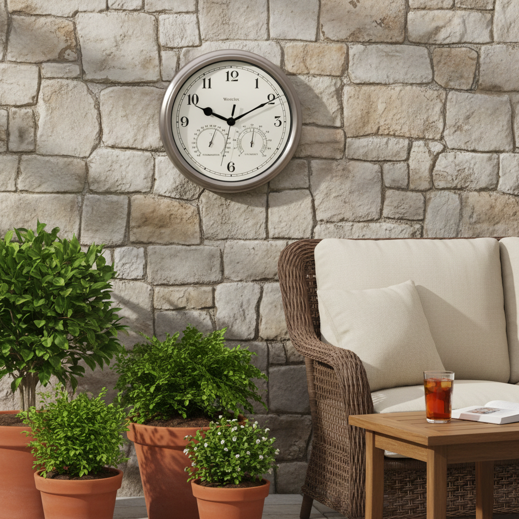 Westclox 12" Indoor/Outdoor Wall Clock, Temp/Humidity, Nickel, Weather-Resistant, Glass Lens