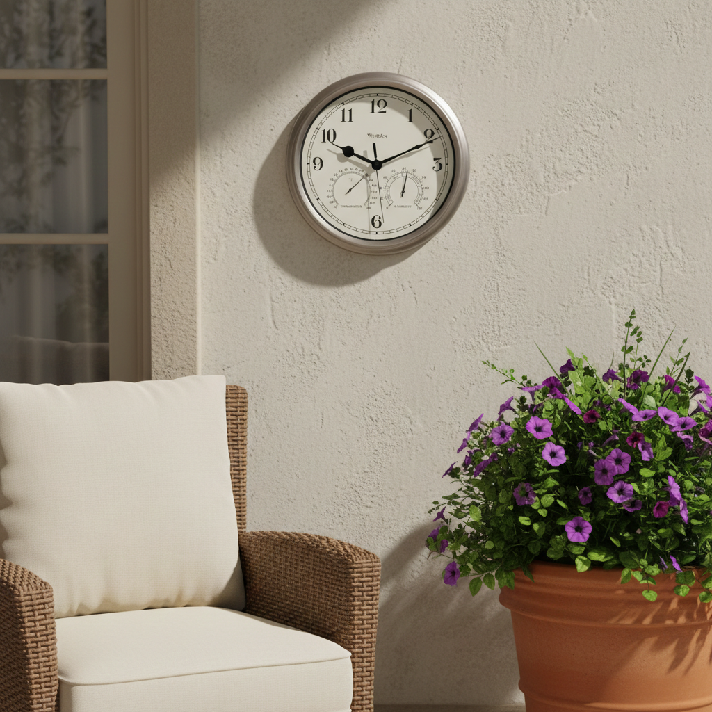 Westclox 12" Indoor/Outdoor Wall Clock, Temp/Humidity, Nickel, Weather-Resistant, Glass Lens