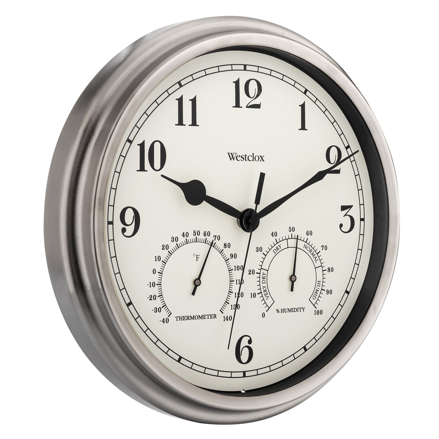 Westclox 12" Indoor/Outdoor Wall Clock, Temp/Humidity, Nickel, Weather-Resistant, Glass Lens