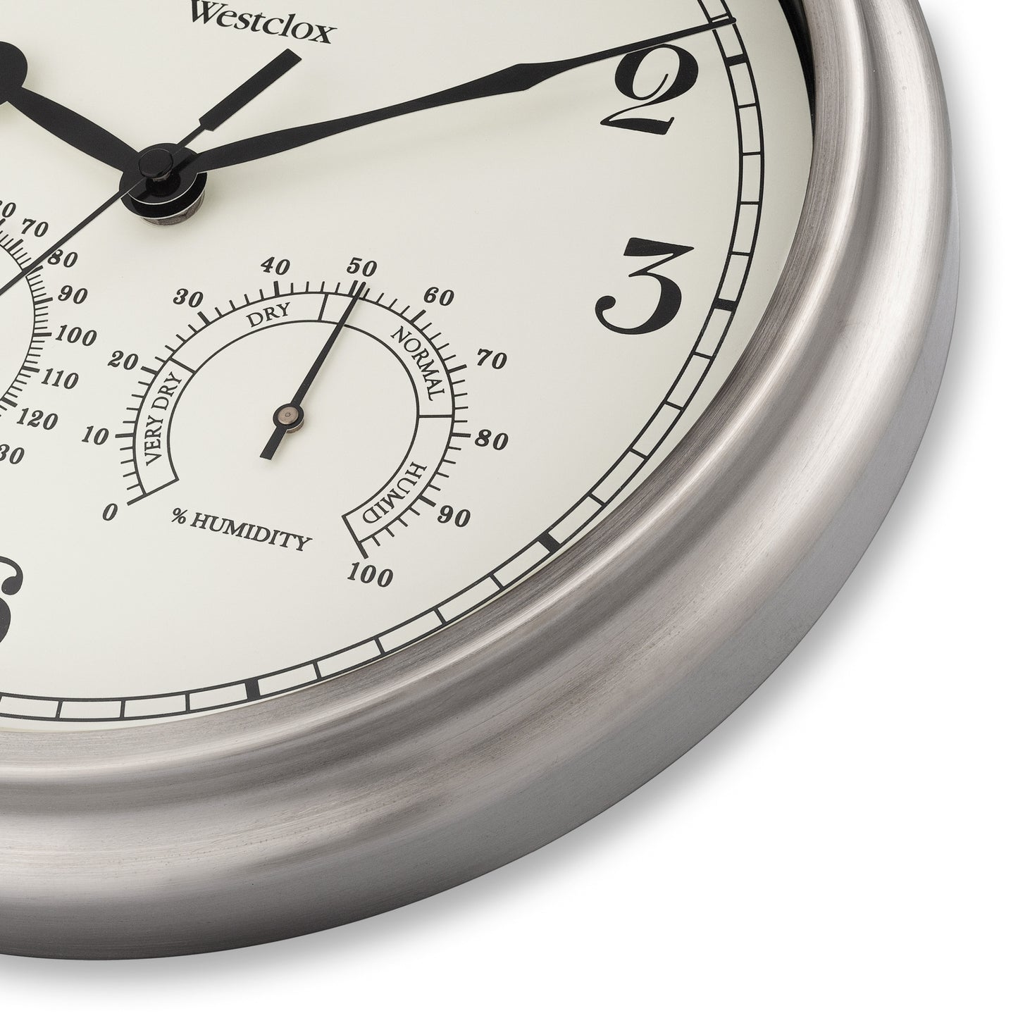 Westclox 12" Indoor/Outdoor Wall Clock, Temp/Humidity, Nickel, Weather-Resistant, Glass Lens