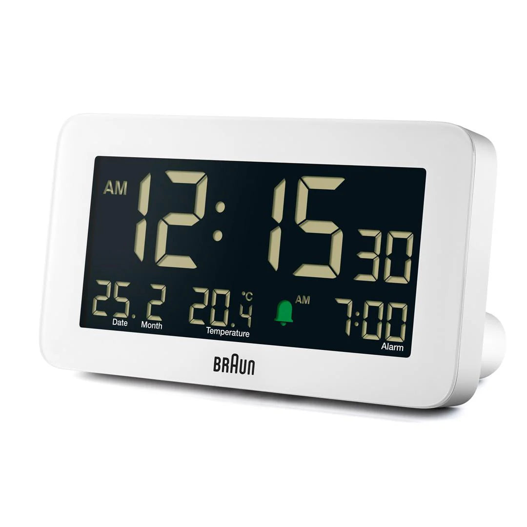 Braun BC10 Digital Alarm Clock – Auto Backlight & Temperature Display (White)