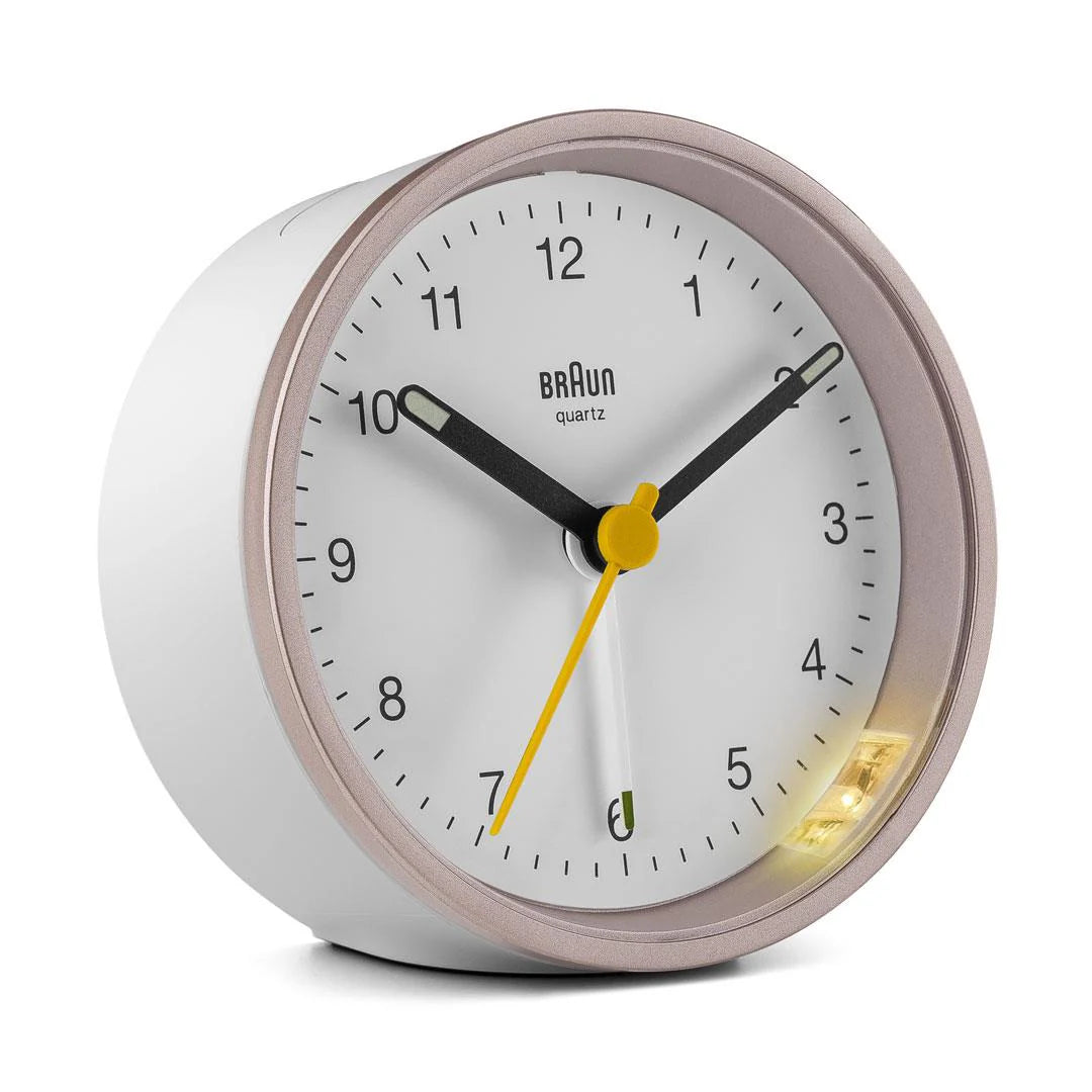 Braun BC12 Analogue Alarm Clock – Iconic Yellow Hand & Quiet Quartz (Pink & White)