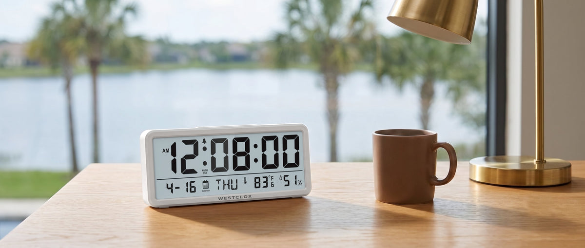Westclox Large Digital Wall Clock with Date, Temperature & Humidity – 3-in-1 Display with Versatile Mounting Options