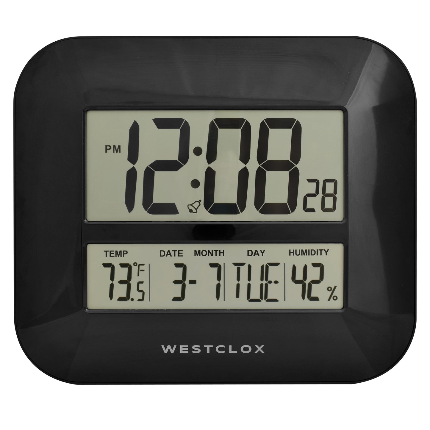 Westclox Black Large Digital Wall Clock Modern Style with Date, Temperature, Humidity