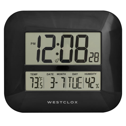 Westclox Black Large Digital Wall Clock Modern Style with Date, Temperature, Humidity