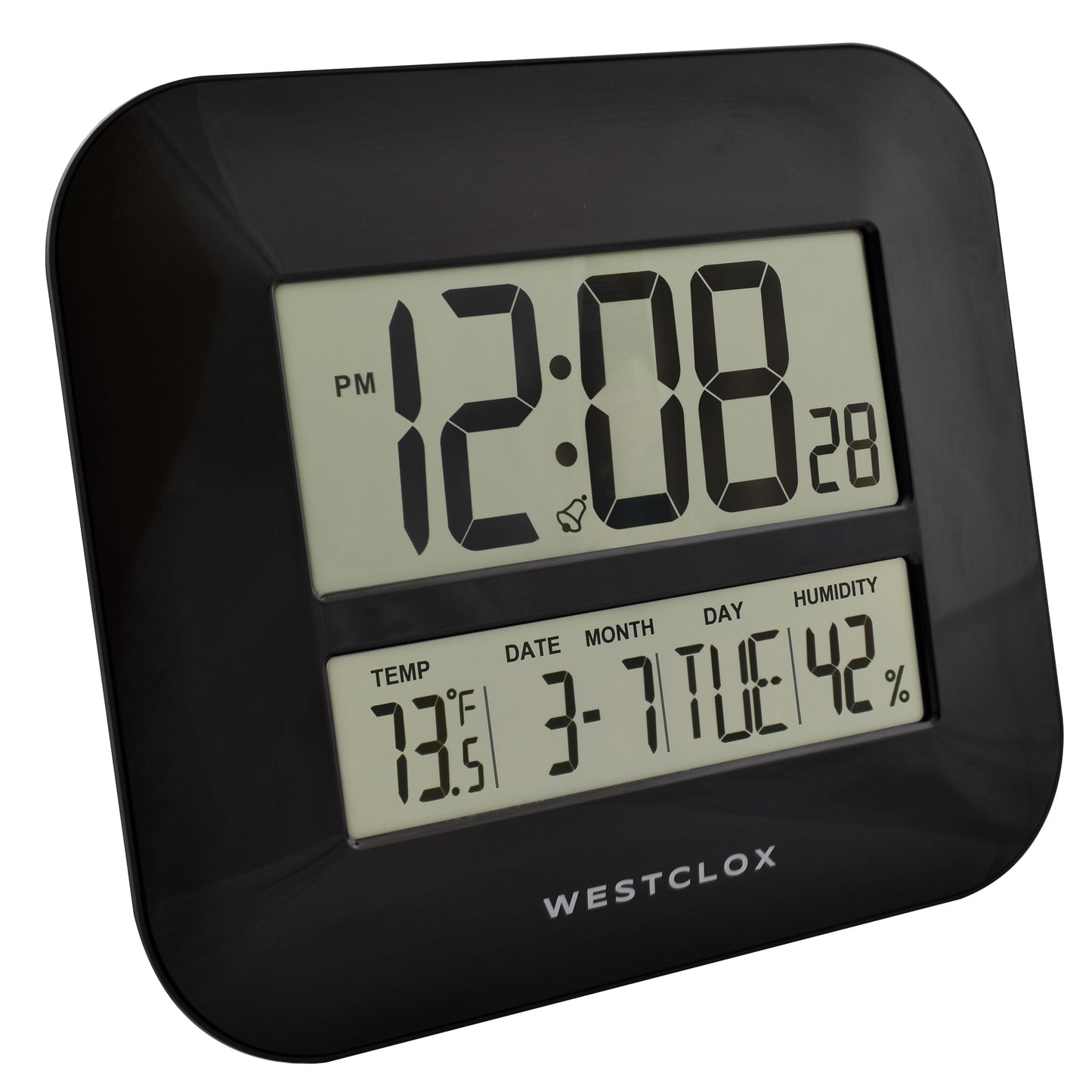 Westclox Black Large Digital Wall Clock Modern Style with Date, Temperature, Humidity
