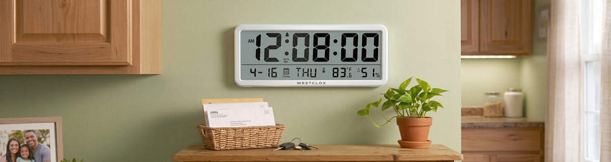 Westclox Large Digital Wall Clock with Date, Temperature & Humidity – 3-in-1 Display with Versatile Mounting Options