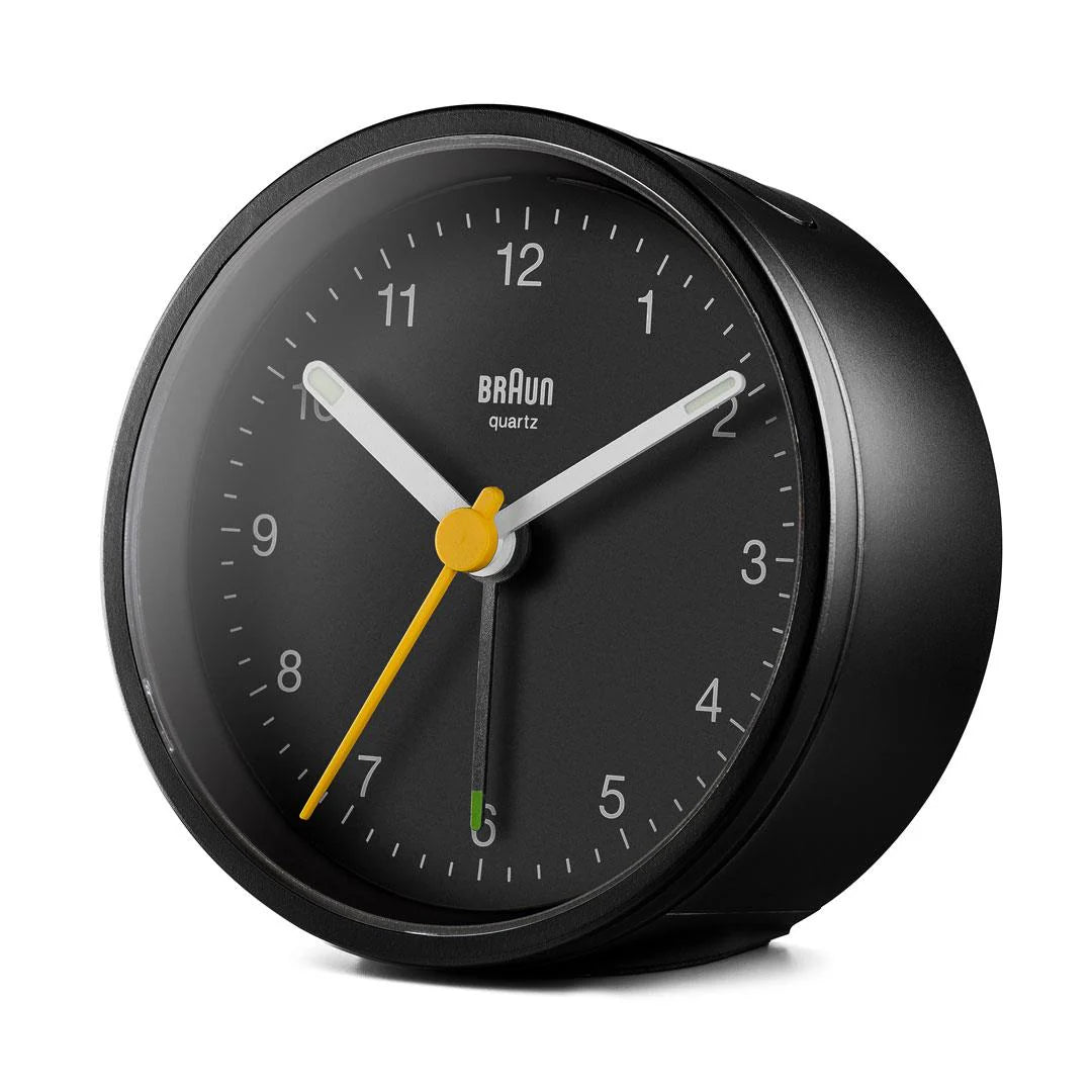 Braun BC12 Analogue Alarm Clock – Iconic Yellow Hand & Quiet Quartz (Black)