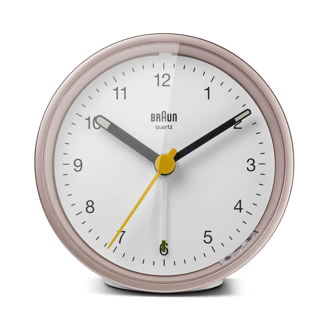 Braun BC12 Analogue Alarm Clock – Iconic Yellow Hand & Quiet Quartz (Pink & White)