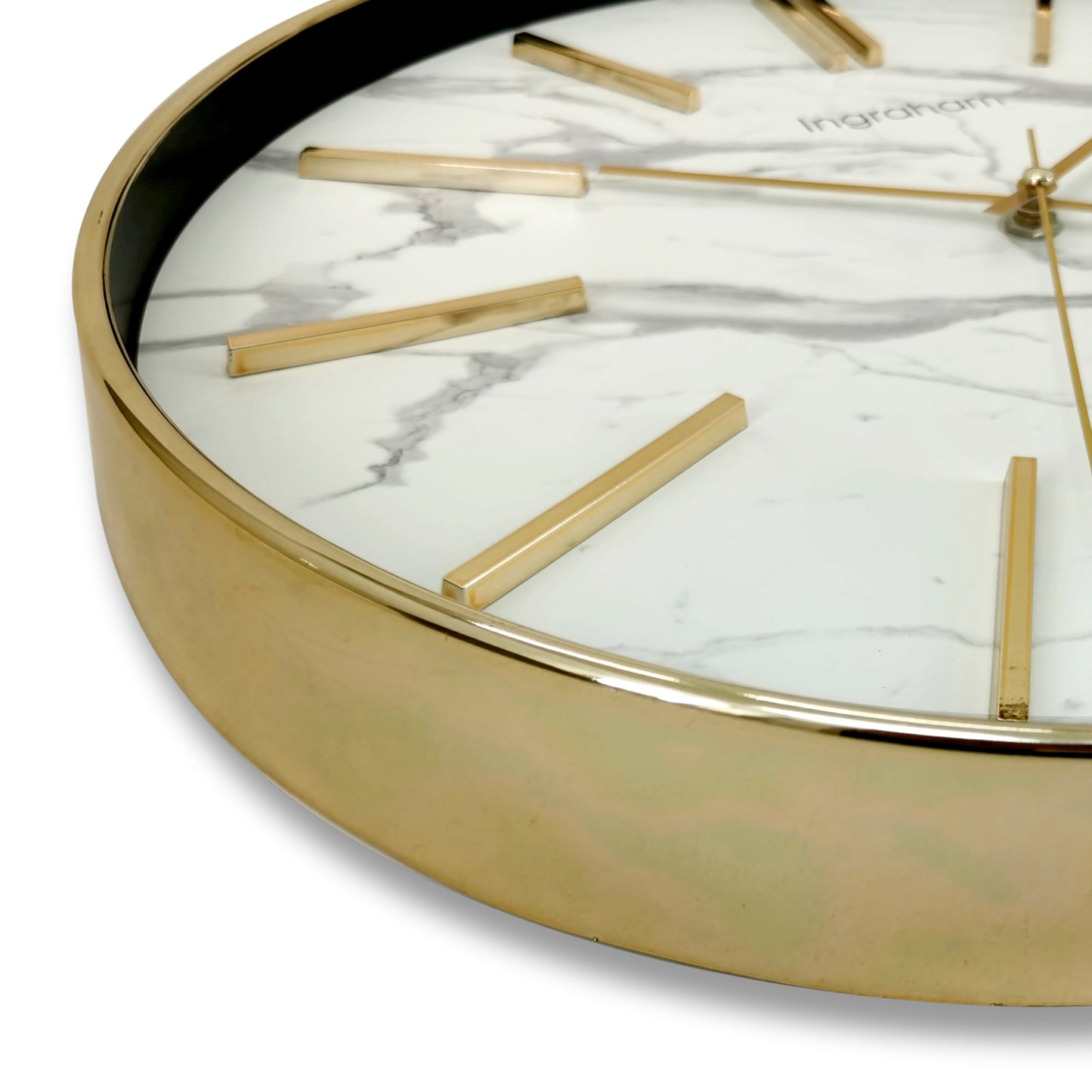 Ingraham 14" Gold & White Marble Wall Clock – Contemporary Round Metal Frame