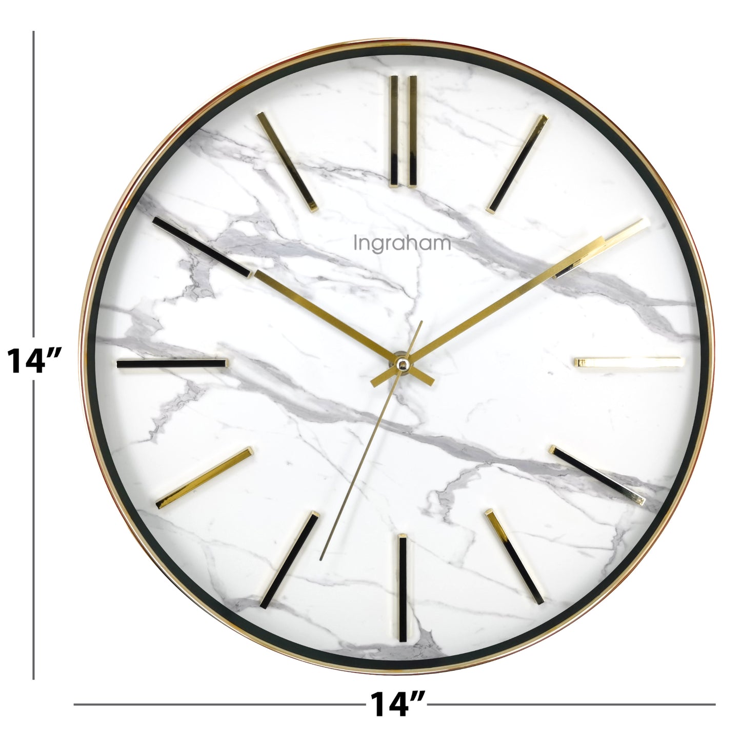 Ingraham 14" Gold & White Marble Wall Clock – Contemporary Round Metal Frame