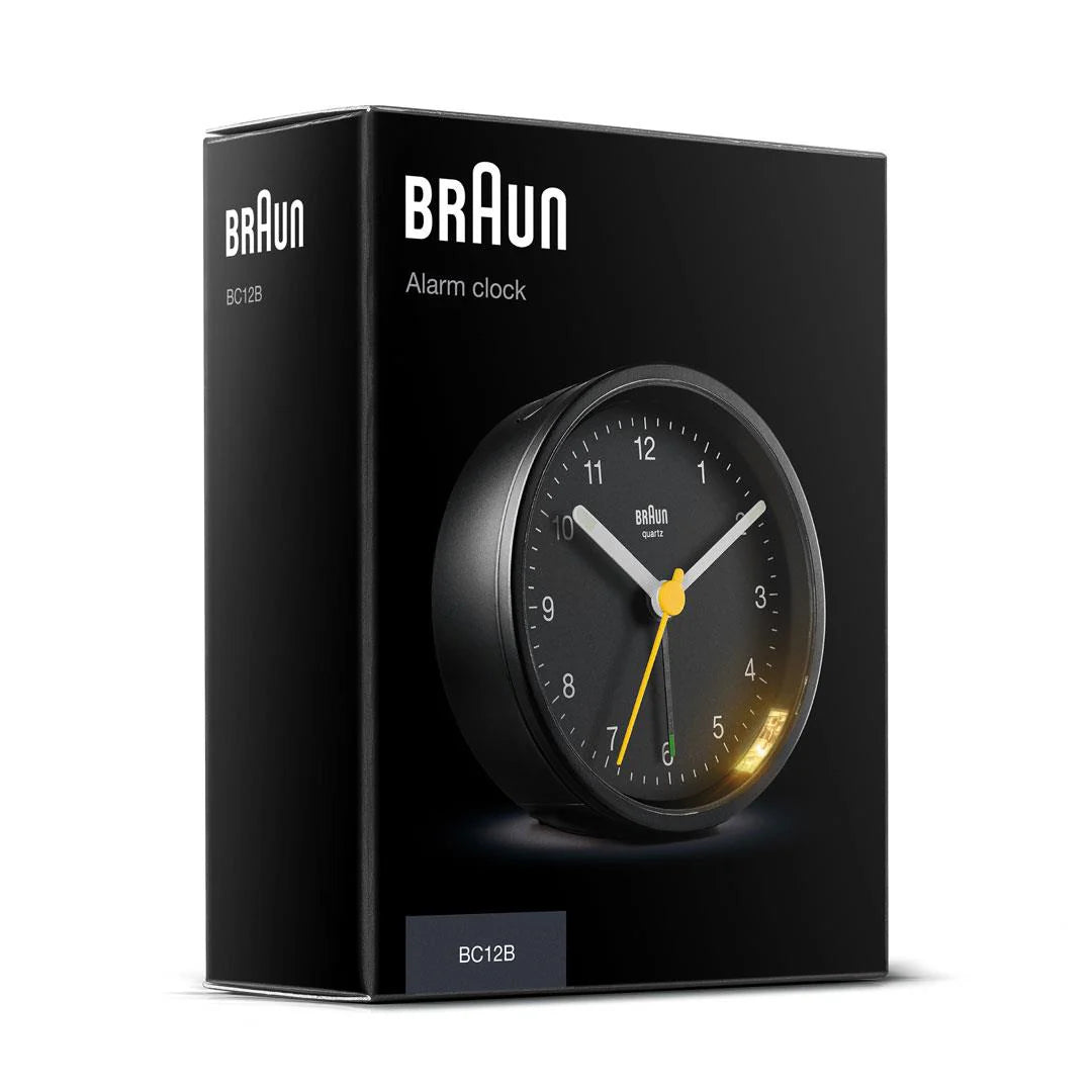 Braun BC12 Analogue Alarm Clock – Iconic Yellow Hand & Quiet Quartz (Black)