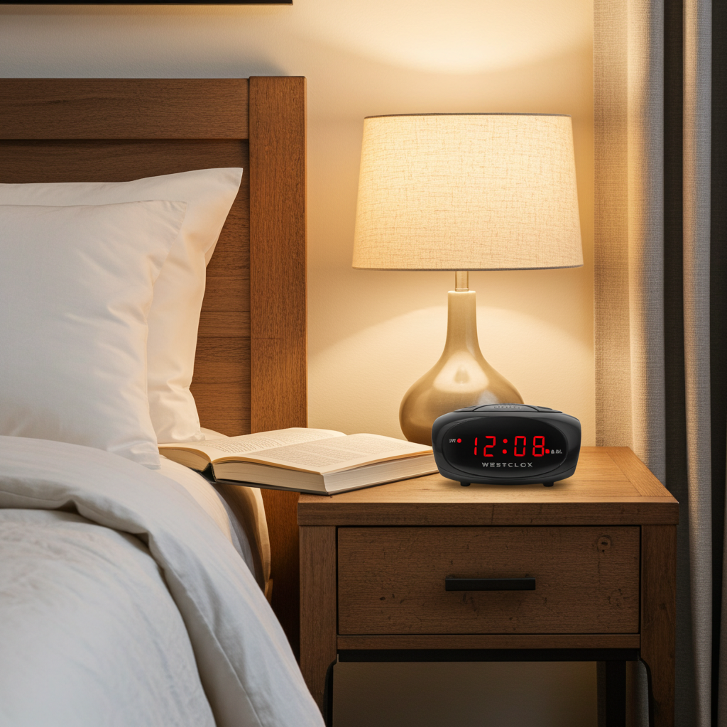 Westclox Black LED Alarm Clock, 0.6" Red Digits, Adjustable Volume, Large Snooze, Backup
