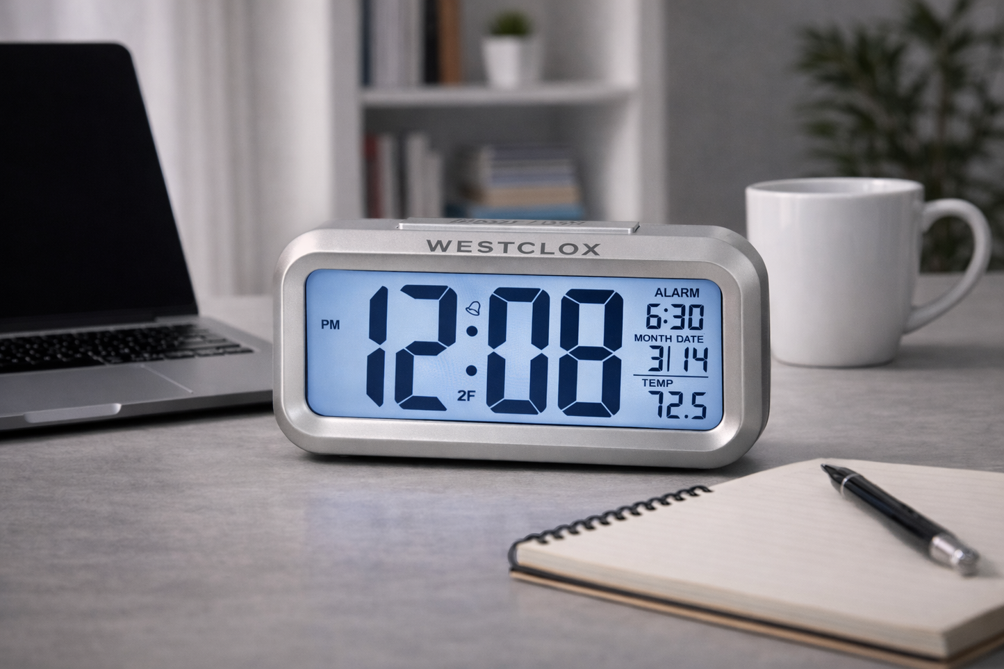 Westclox Silver LCD Alarm Clock, 1.4" Bold Digits, Date/Temp, Blue Backlight