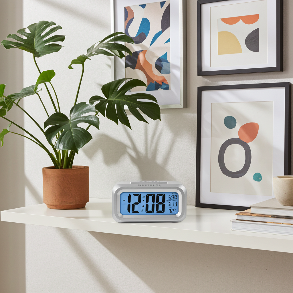 Westclox Silver LCD Alarm Clock, 1.4" Bold Digits, Date/Temp, Blue Backlight