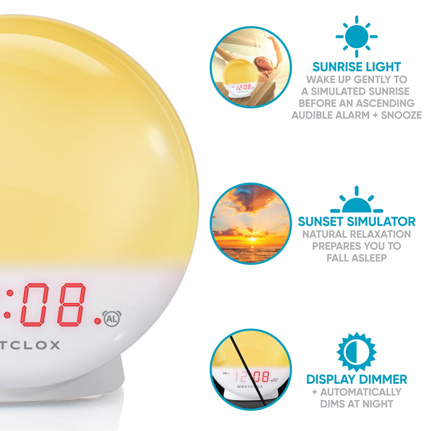 Westclox Sunrise LED Alarm Clock, Sunrise Alarm, Adjustable Brightness, Night Light, Sunset Simulator