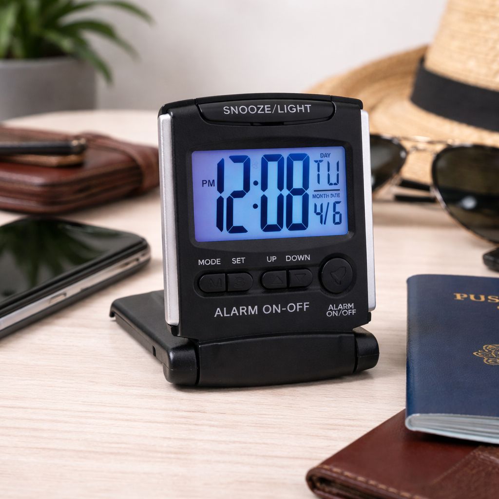 Westclox Travel LCD Alarm Clock, Folding Cover, Large Display, Blue Backlight, Black
