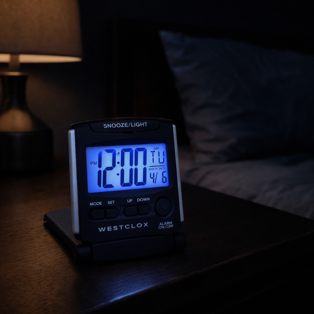 Westclox Travel LCD Alarm Clock, Folding Cover, Large Display, Blue Backlight, Black