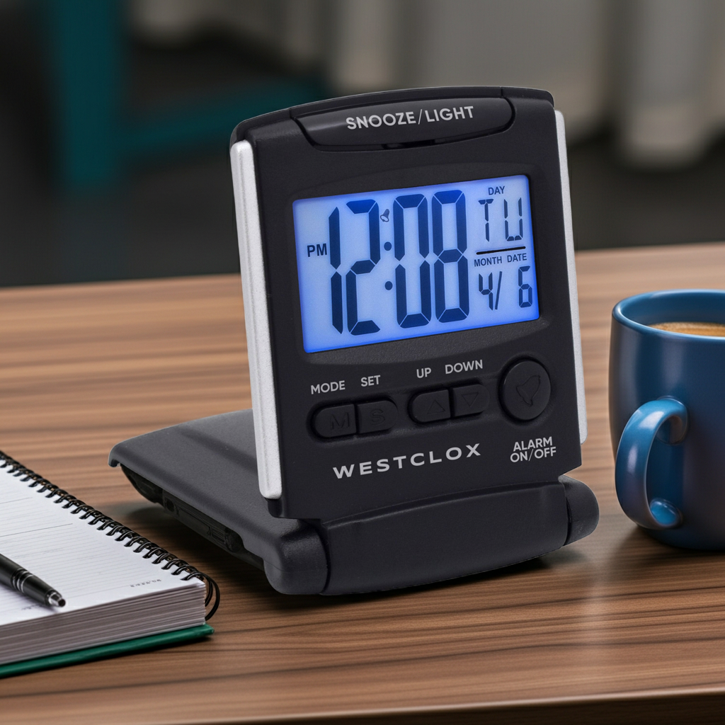 Westclox Travel LCD Alarm Clock, Folding Cover, Large Display, Blue Backlight, Black