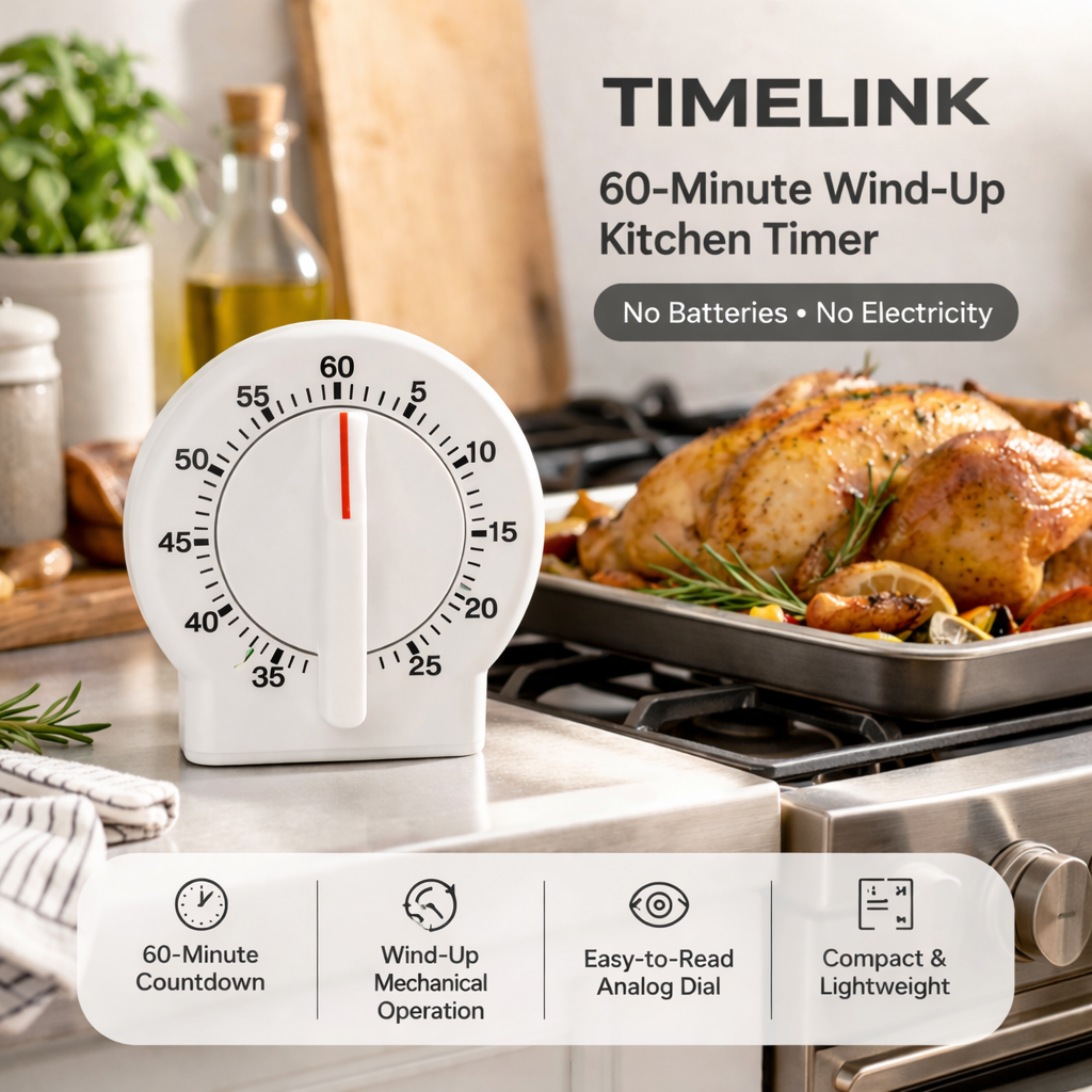 Timelink 60-Minute Wind-Up Kitchen Timer – No Batteries Needed