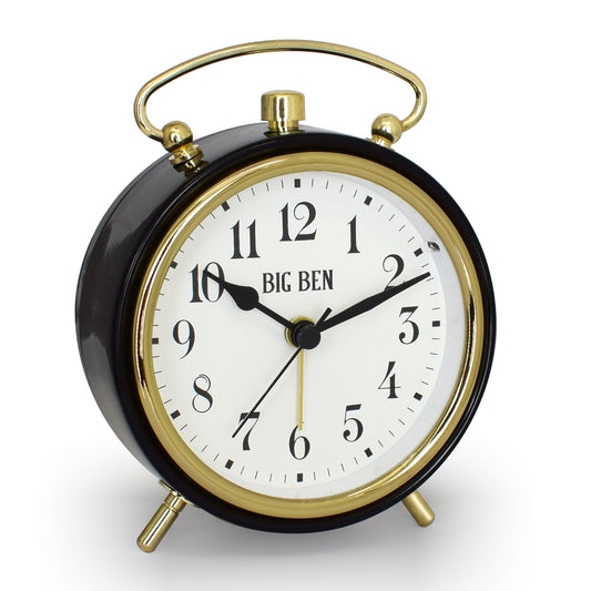 Big Ben Black & Gold Classic Alarm Clock – Quiet No-Tick Metal Design