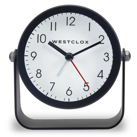Westclox Compact Analog Alarm Clock, 4.1 Inch Black Bedside Clock with Snooze and Adjustable Tilt