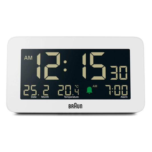 Braun BC10 Digital Alarm Clock – Auto Backlight & Temperature Display (White)