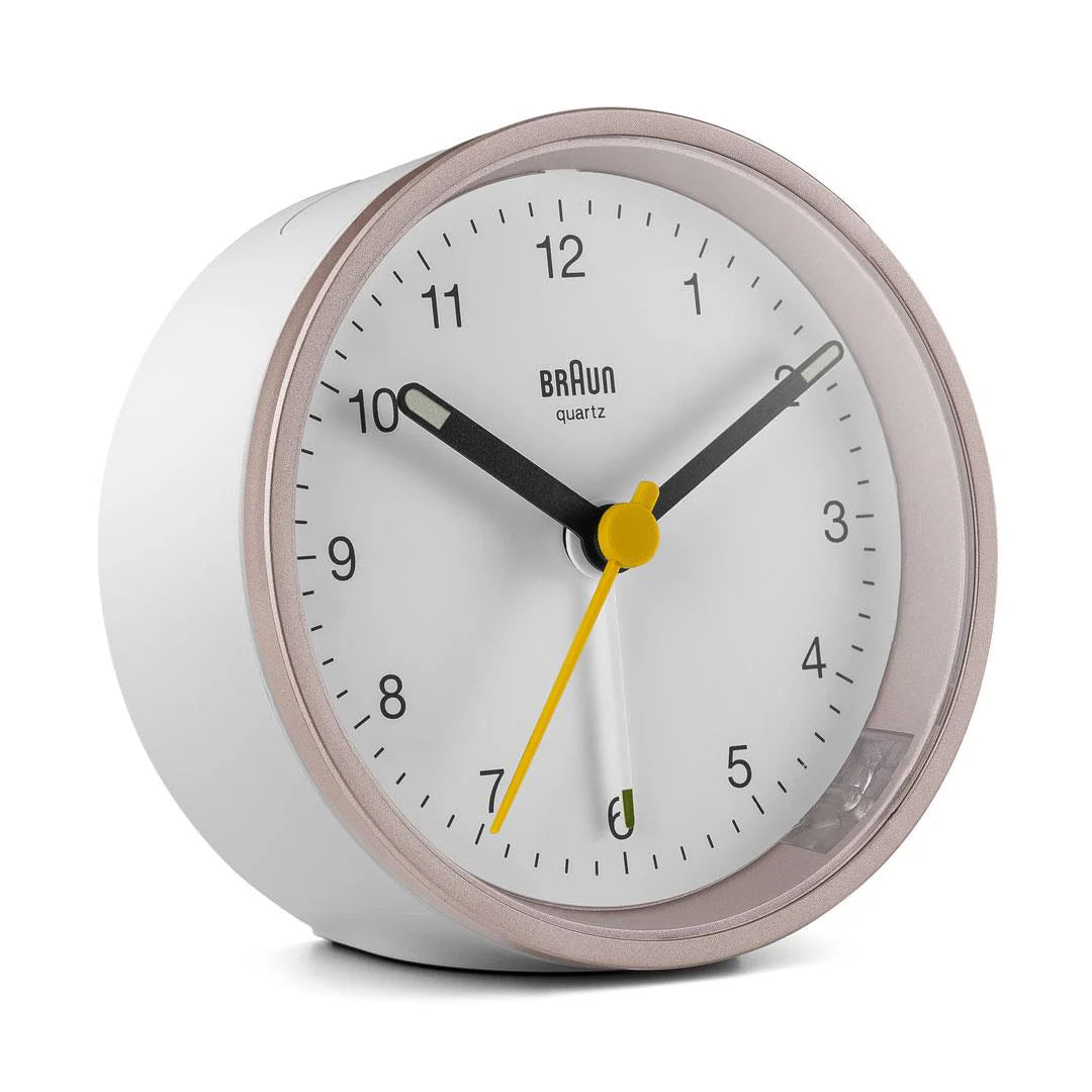 Braun BC12 Analogue Alarm Clock – Iconic Yellow Hand & Quiet Quartz (Pink & White)