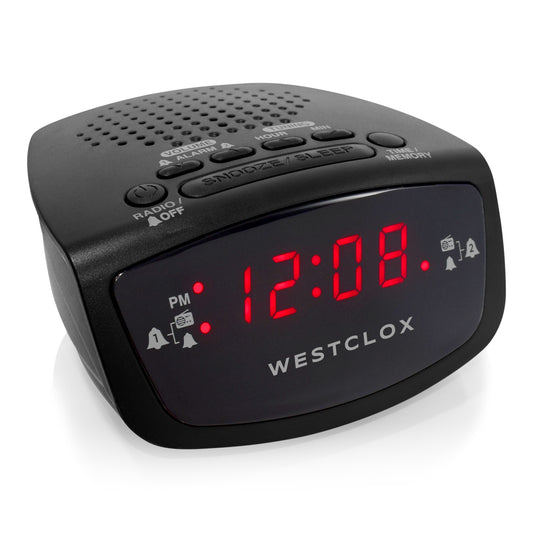 Westclox Classic FM Clock Radio, Dual Alarm, 0.6" Red LED, 20 Station Presets, Adjustable Brightness, Battery Backup