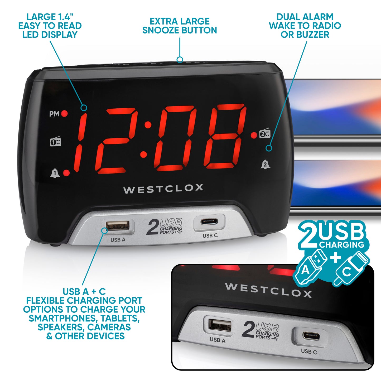 Westclox Large 1.4” red LED Digital FM Clock Radio 2 USB Charging Port with Fast Charge