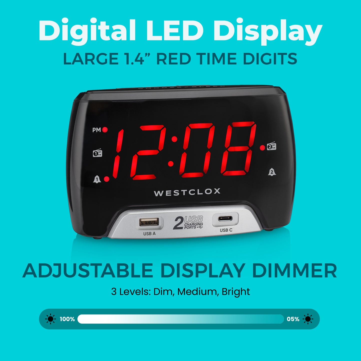 Westclox Large 1.4” red LED Digital FM Clock Radio 2 USB Charging Port with Fast Charge