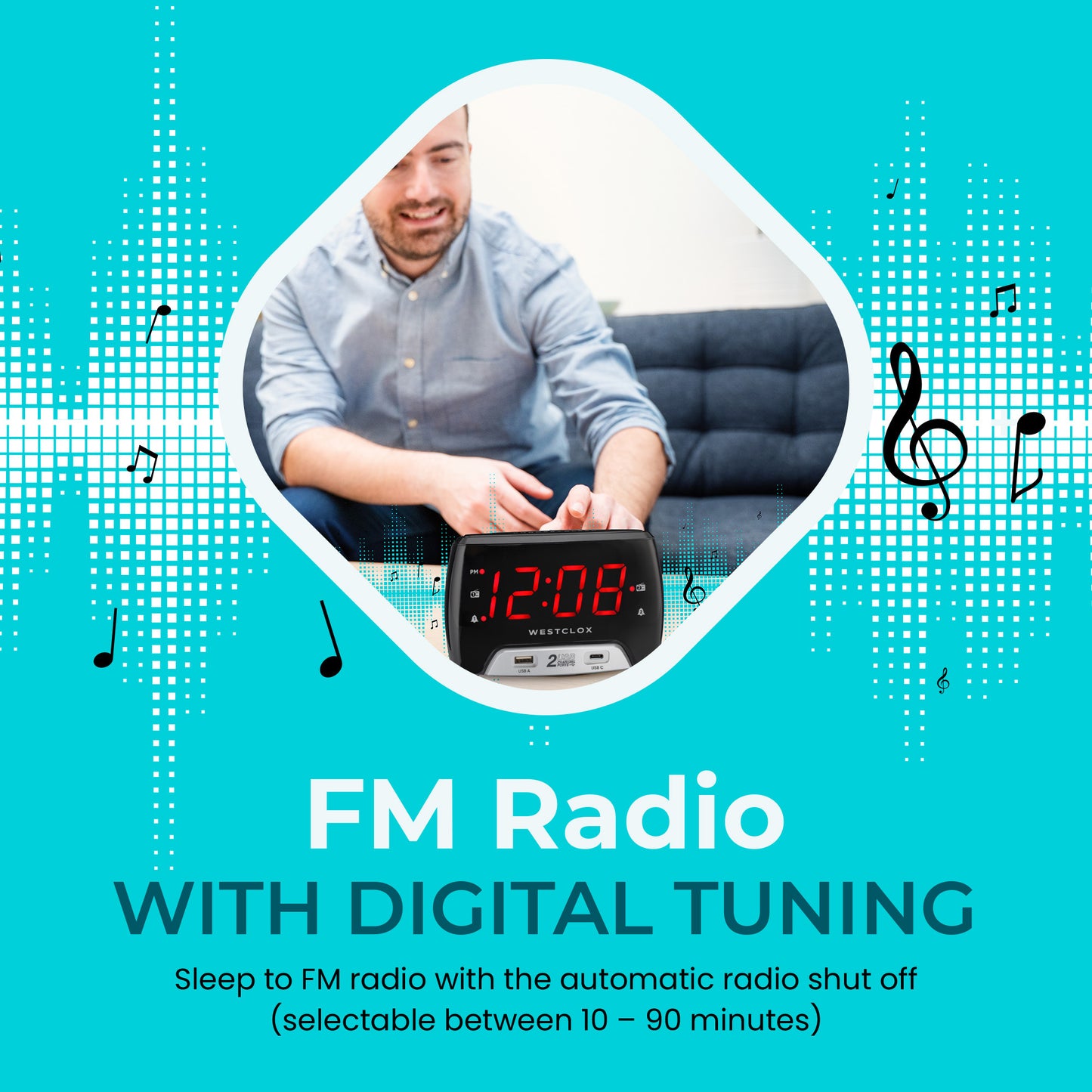 Westclox Large 1.4” red LED Digital FM Clock Radio 2 USB Charging Port with Fast Charge