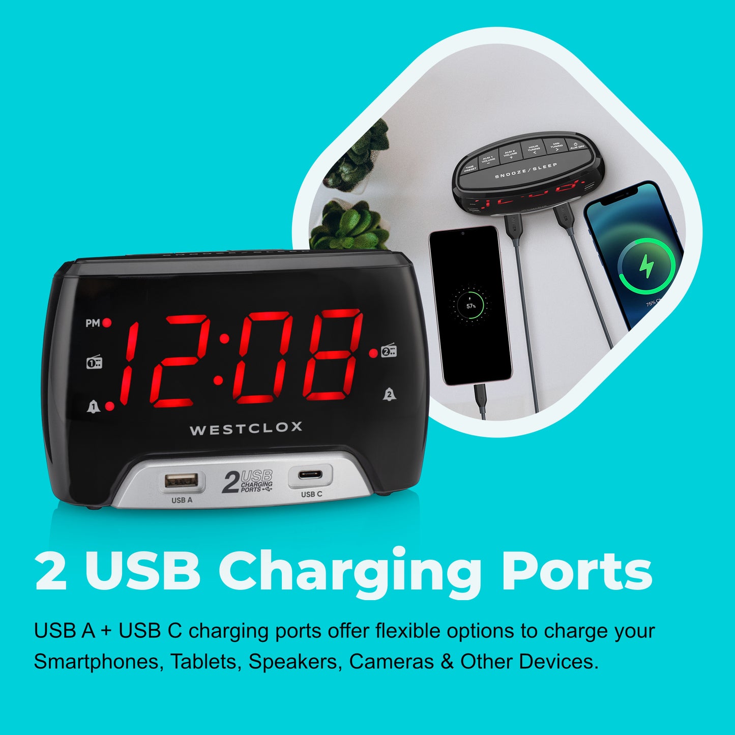 Westclox Large 1.4” red LED Digital FM Clock Radio 2 USB Charging Port with Fast Charge