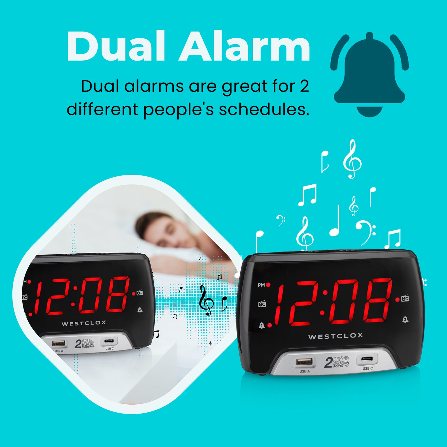 Westclox Large 1.4” red LED Digital FM Clock Radio 2 USB Charging Port with Fast Charge