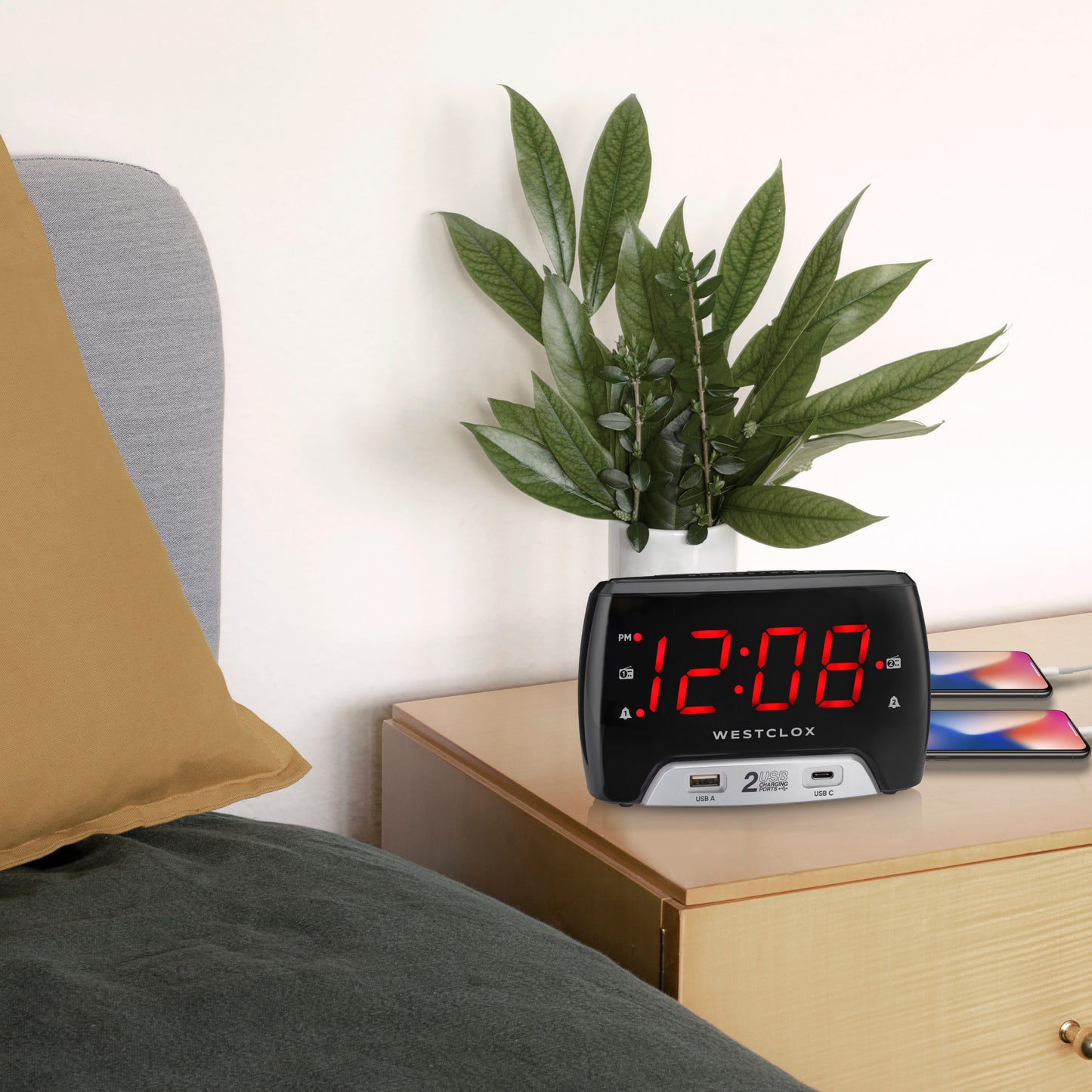 Westclox Large 1.4” red LED Digital FM Clock Radio 2 USB Charging Port with Fast Charge