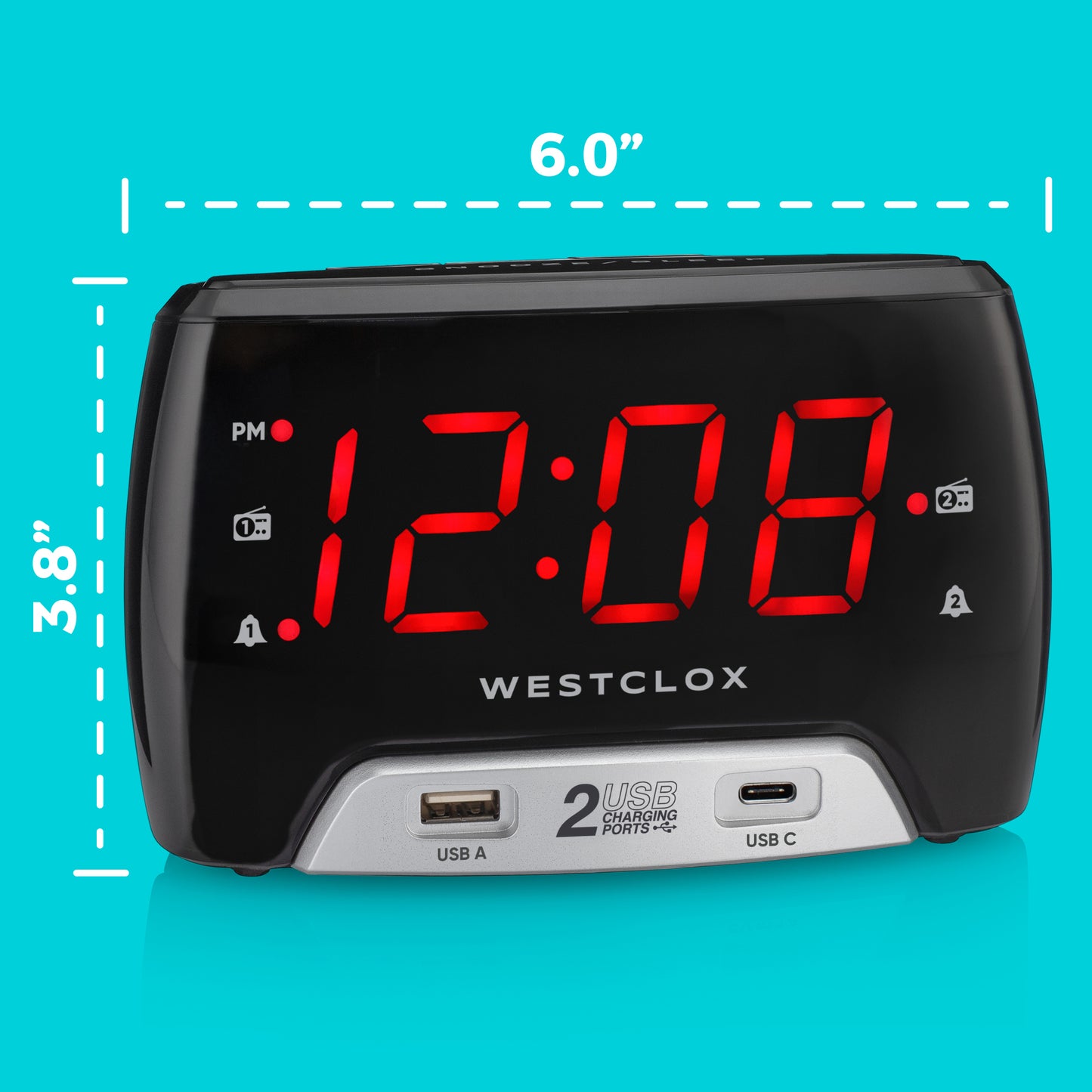 Westclox Large 1.4” red LED Digital FM Clock Radio 2 USB Charging Port with Fast Charge