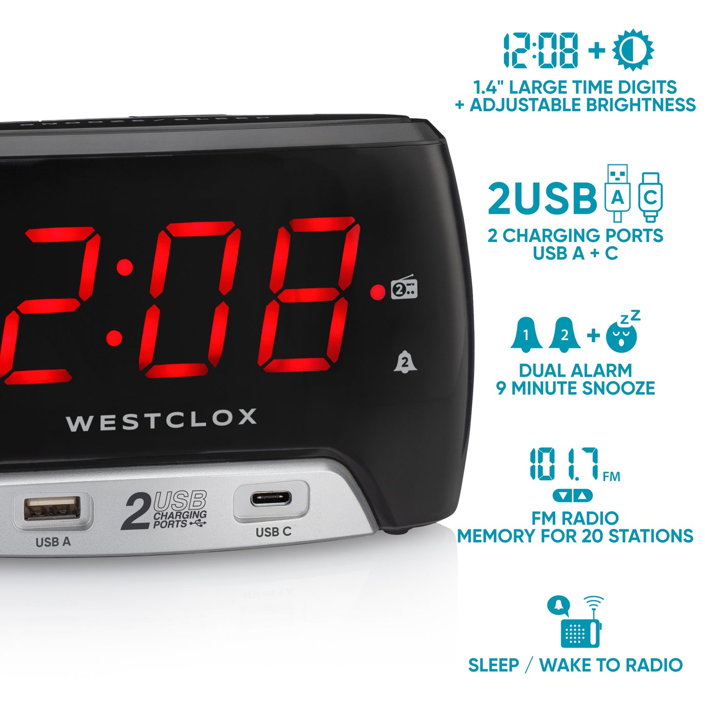 Westclox Large 1.4” red LED Digital FM Clock Radio 2 USB Charging Port with Fast Charge