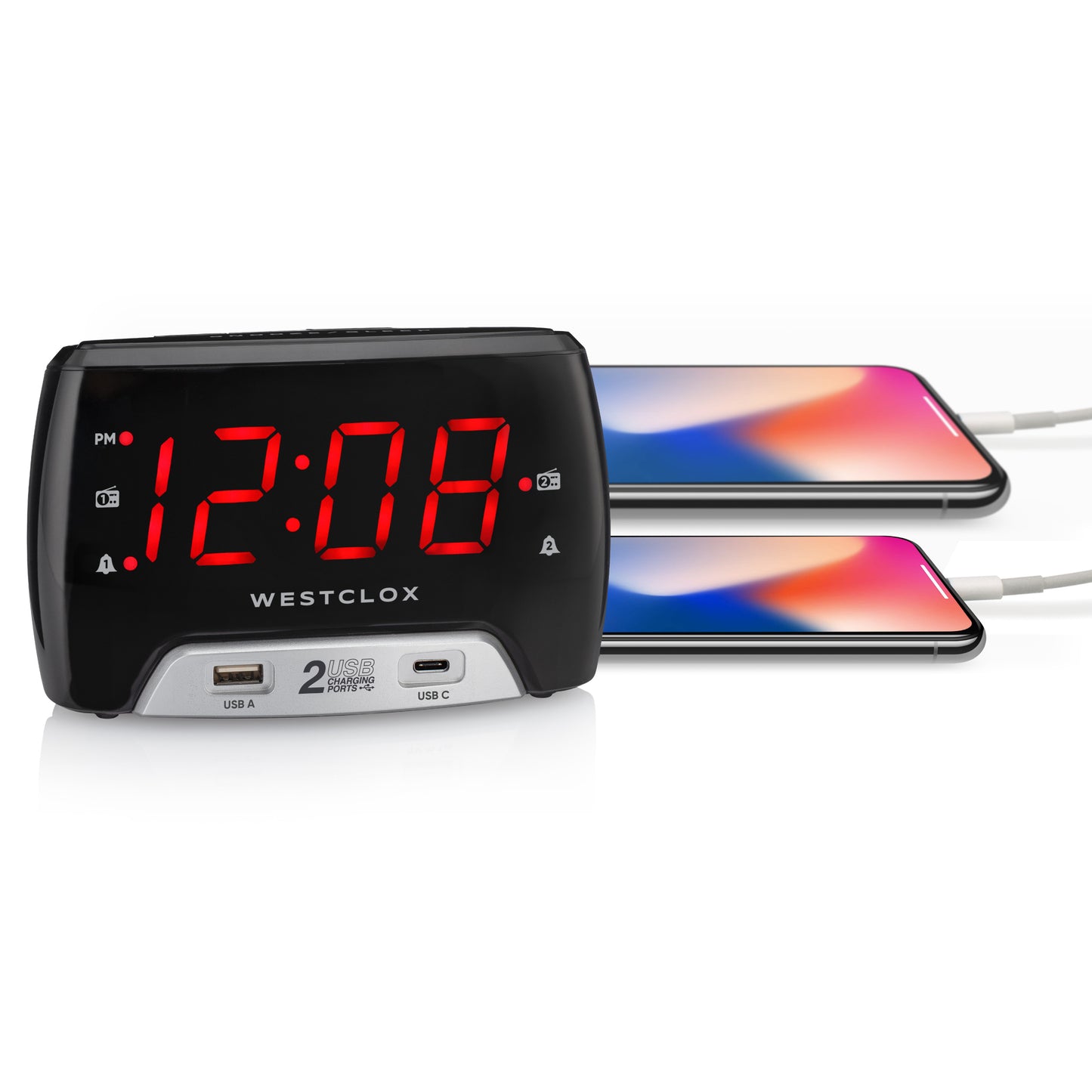 Westclox Large 1.4” red LED Digital FM Clock Radio 2 USB Charging Port with Fast Charge