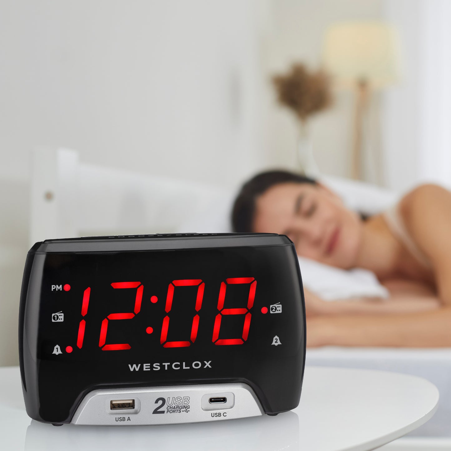 Westclox Large 1.4” red LED Digital FM Clock Radio 2 USB Charging Port with Fast Charge