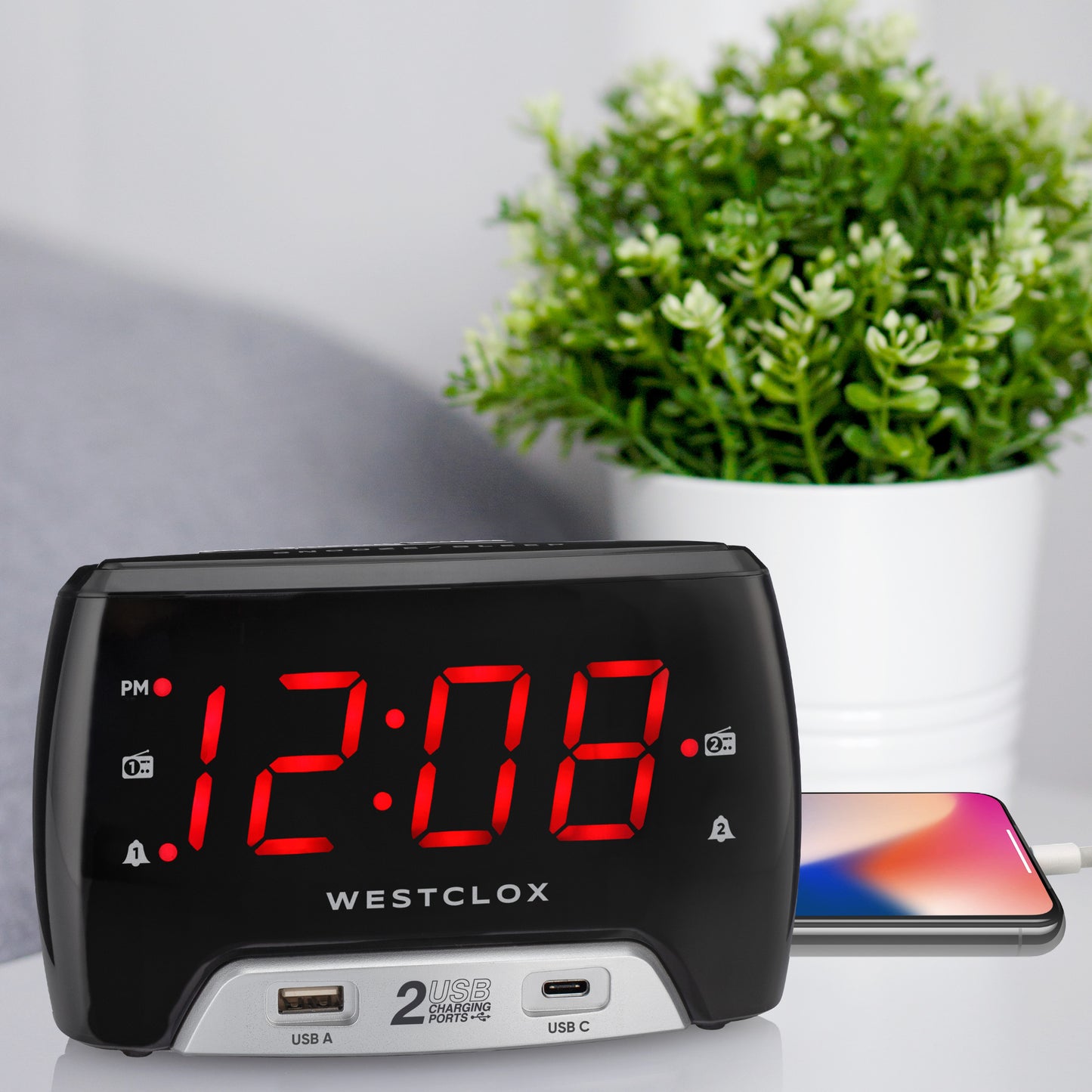 Westclox Large 1.4” red LED Digital FM Clock Radio 2 USB Charging Port with Fast Charge