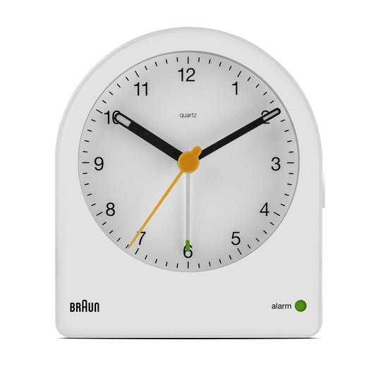 Braun BC22 Analogue Alarm Clock – Continuous Backlight & Quiet Quartz (White)