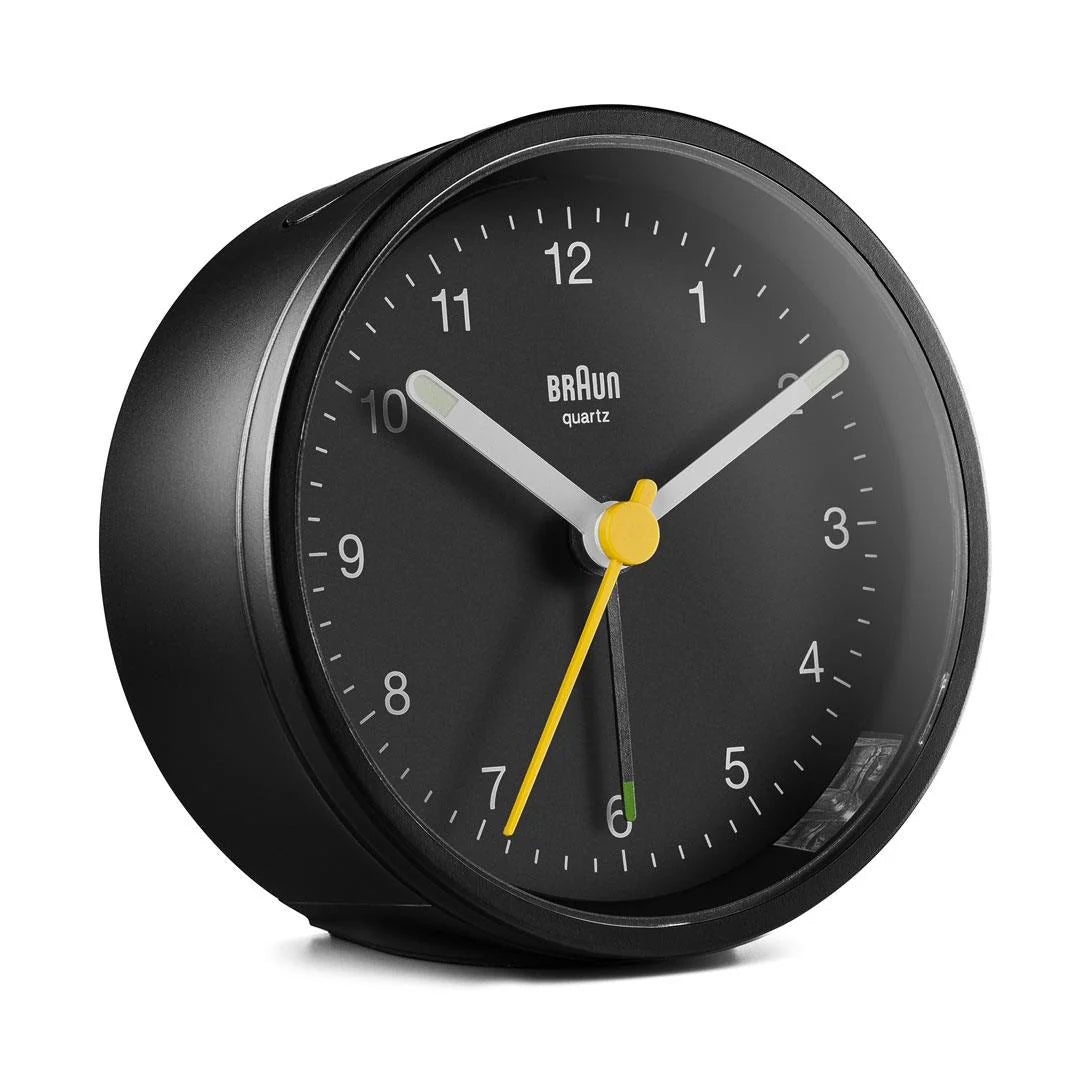 Braun BC12 Analogue Alarm Clock – Iconic Yellow Hand & Quiet Quartz (Black)