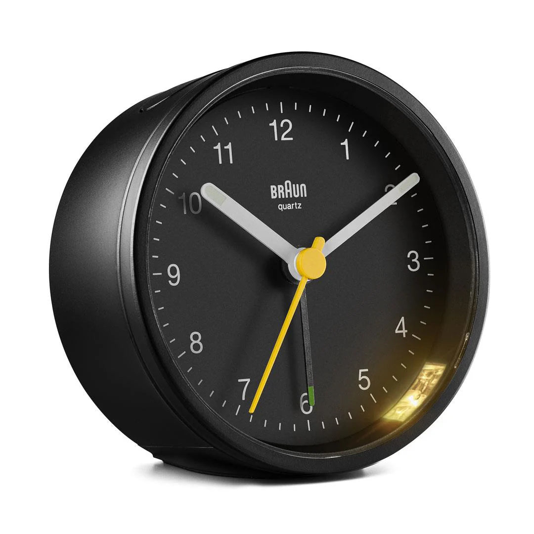 Braun BC12 Analogue Alarm Clock – Iconic Yellow Hand & Quiet Quartz (Black)