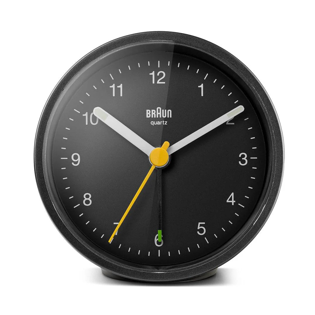 Braun BC12 Analogue Alarm Clock – Iconic Yellow Hand & Quiet Quartz (Black)