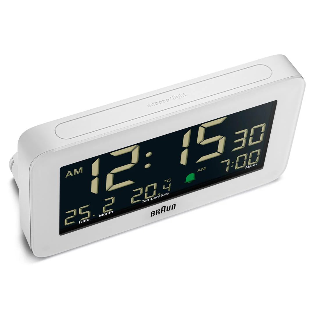 Braun BC10 Digital Alarm Clock – Auto Backlight & Temperature Display (White)